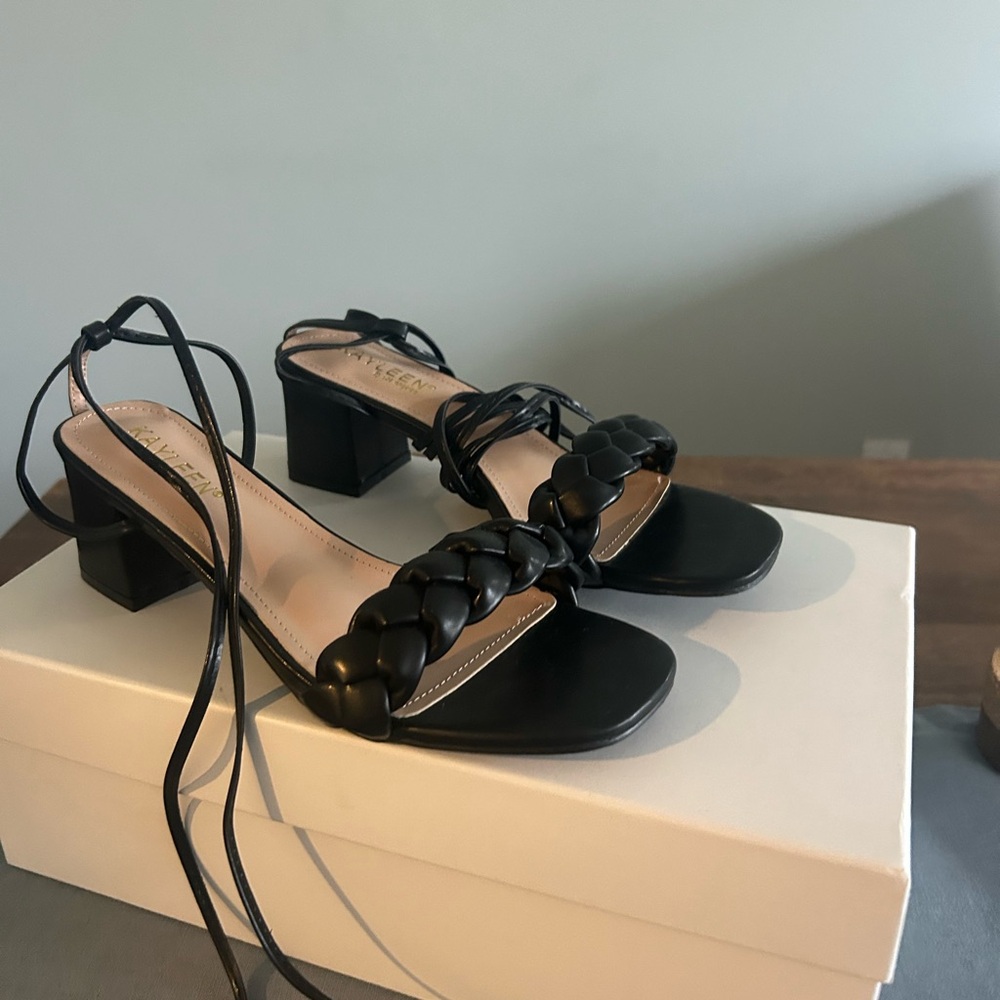 KAYLEEN By Los Angeles Black Braided Lace-Up Block Heel Sandals
